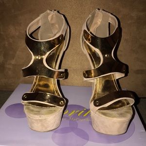 Tan and gold high heels